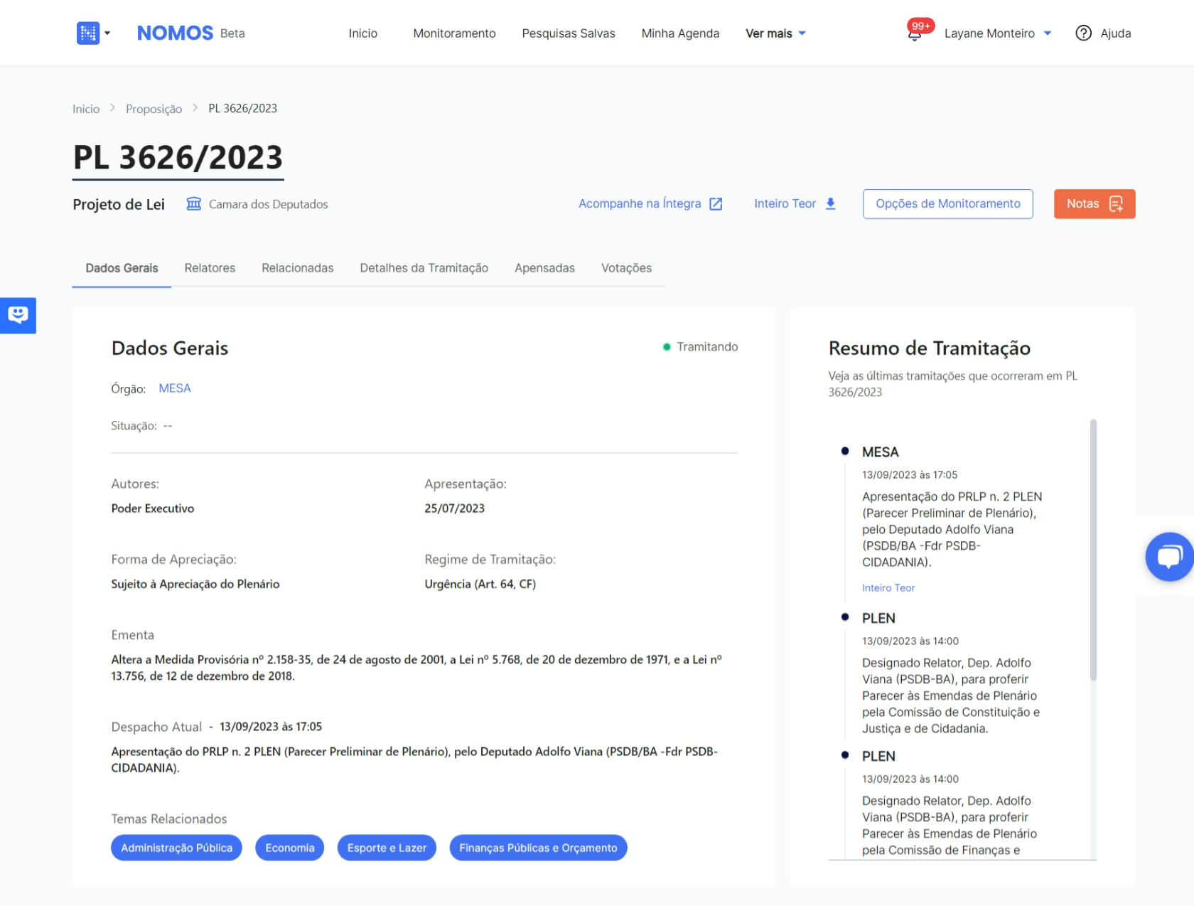 Tela do sistema Nomos exibindo os dados gerais e o resumo de tramitação do Projeto de Lei 3.626/2023.
