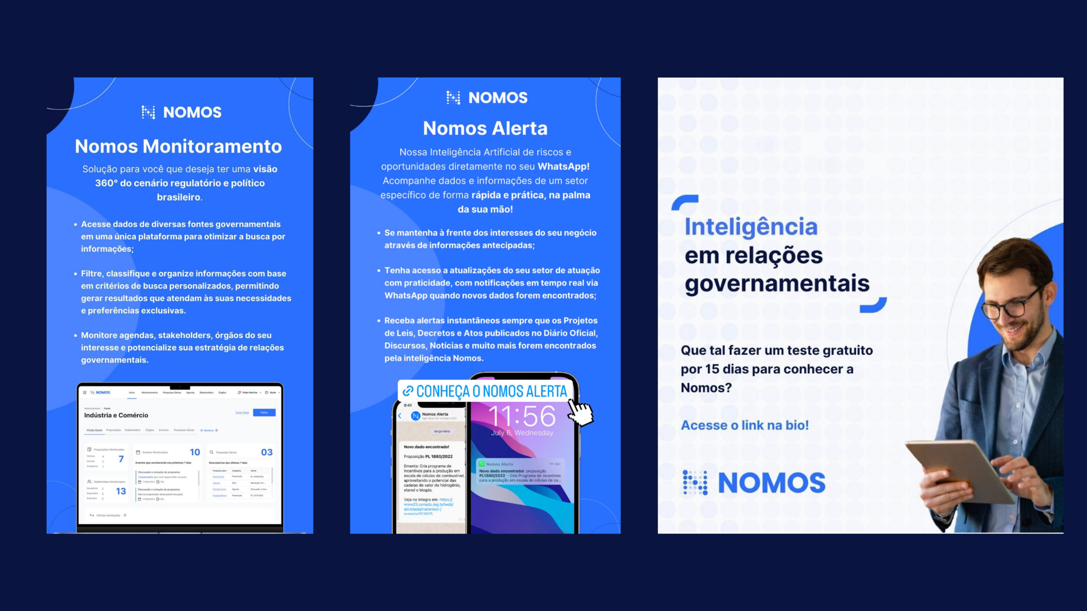 Três peças de divulgação da Nomos apresentando as soluções Monitoramento e Alerta e um convite para o teste gratuito de 15 dias.