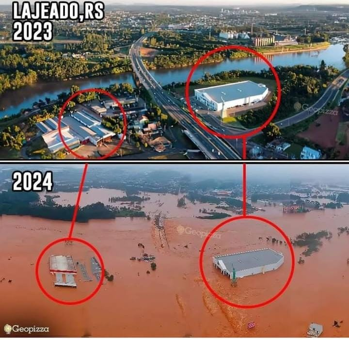 Comparação aérea da mesma região de Lajeado (RS) em 2023 e em 2024, com círculos vermelhos destacando galpões cobertos pela enchente.