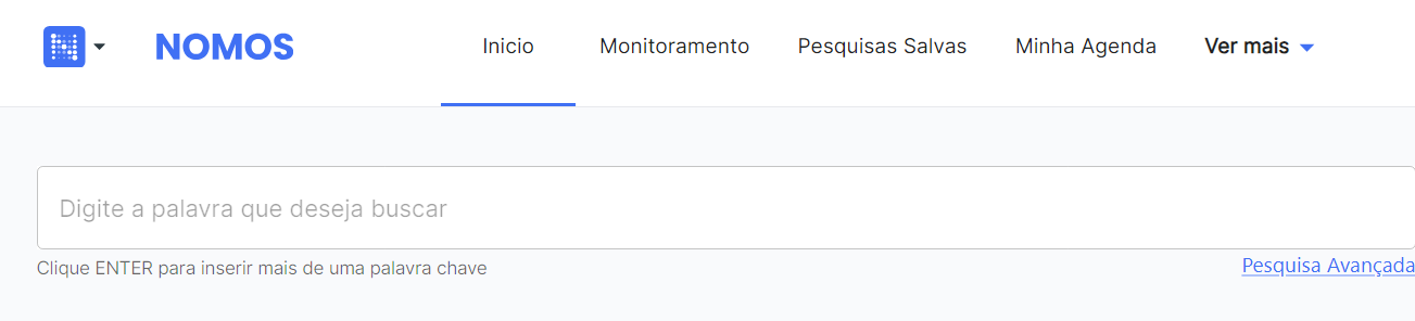 Barra de busca da página inicial da Nomos, com o campo para digitar a palavra-chave desejada.