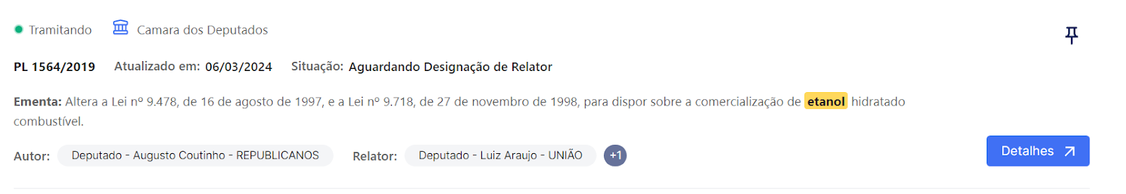Resultado de busca da Nomos para o PL 1564/2019, com o termo etanol destacado na ementa.