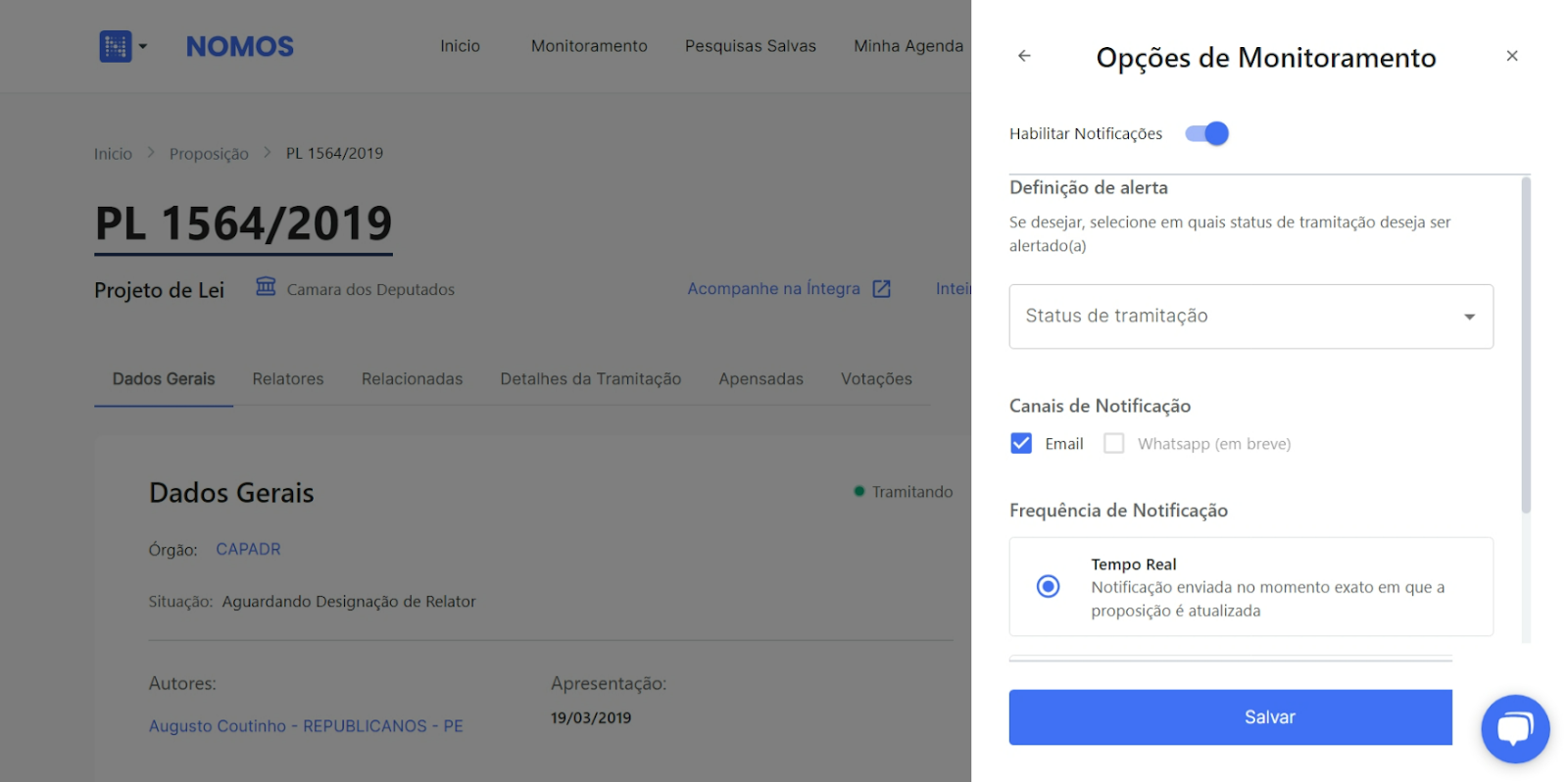 Painel de opções de monitoramento da Nomos aberto sobre a página do PL 1564/2019, com os campos de alerta, canais e frequência de notificação.