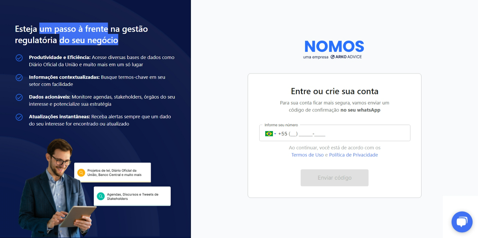 Tela de login da Nomos, com a lista de benefícios da plataforma à esquerda e o formulário de acesso por WhatsApp à direita.