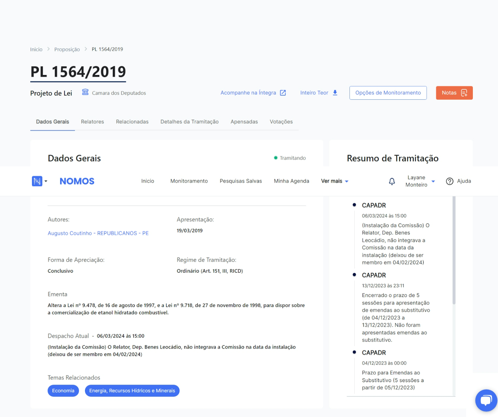 Página do PL 1564/2019 na Nomos, com os dados gerais da proposição e o resumo de tramitação ao lado.