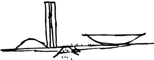 Desenho em traços pretos do Congresso Nacional, com as duas torres e as cúpulas do Senado e da Câmara.