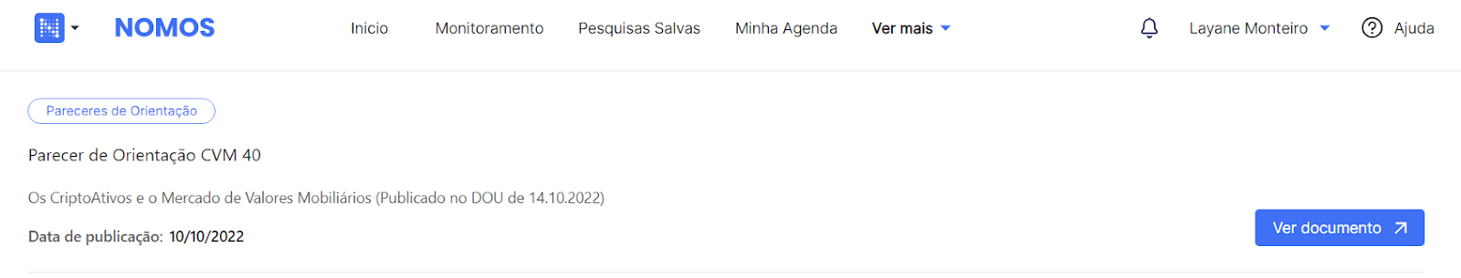 Tela do sistema Nomos exibindo o Parecer de Orientação CVM 40, sobre criptoativos e o mercado de valores mobiliários.
