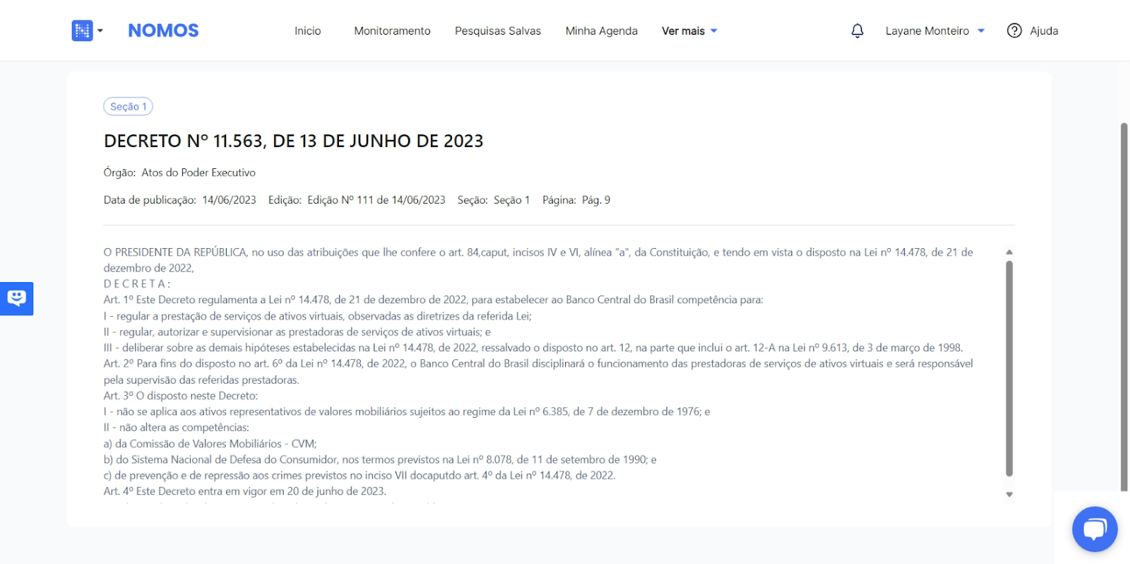 Tela do sistema Nomos com o texto do Decreto nº 11.563, de 13 de junho de 2023.