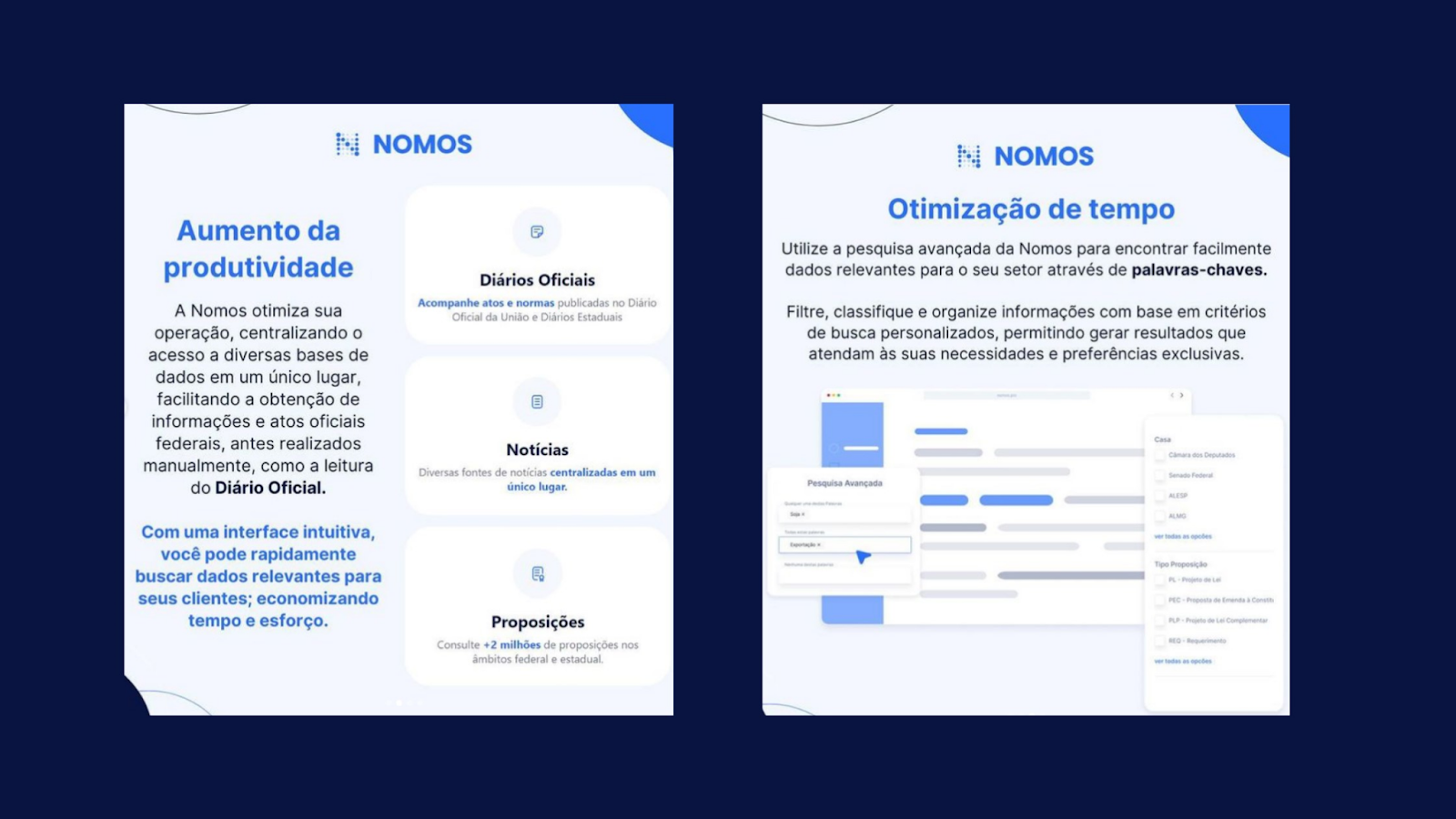 Dois cartões de divulgação da Nomos sobre aumento de produtividade e otimização de tempo, com prints das bases de diários oficiais, notícias e proposições.