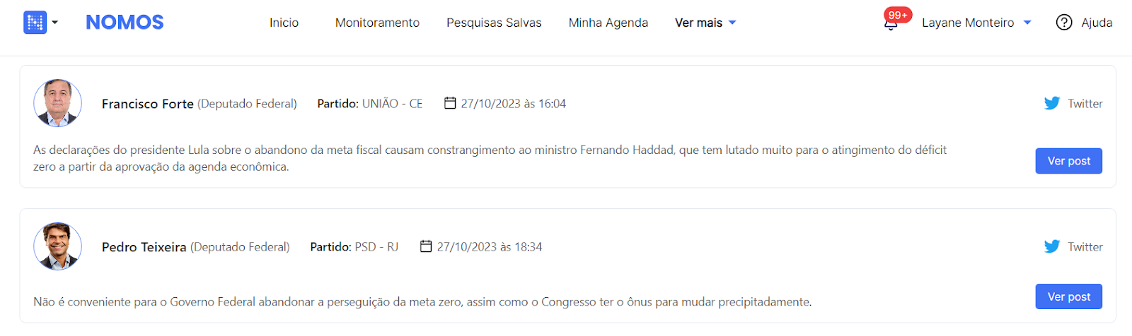 Tela da Nomos com publicações de deputados no Twitter comentando o abandono da meta fiscal zero.