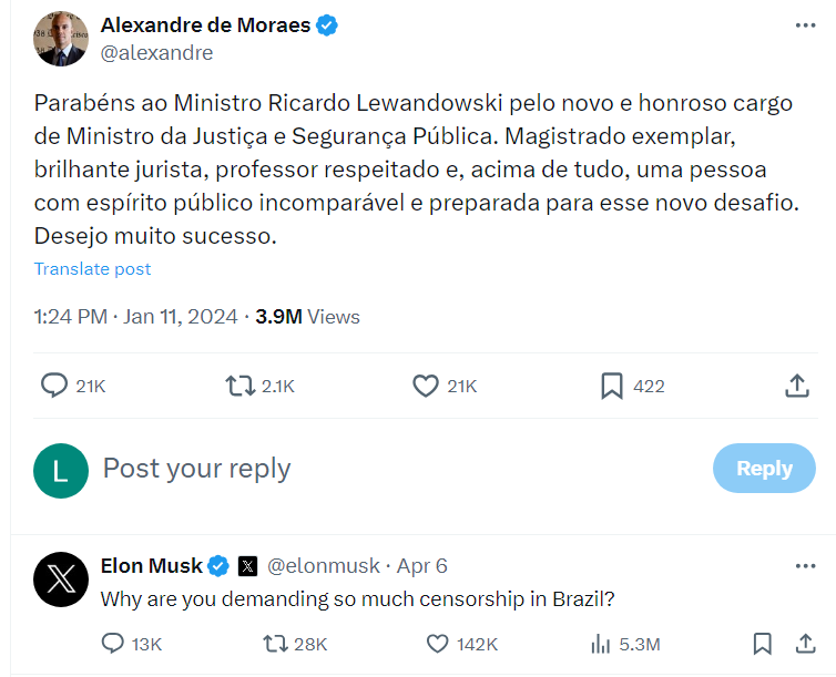 Print de publicação de Alexandre de Moraes no X parabenizando Ricardo Lewandowski, seguida de uma resposta de Elon Musk sobre censura no Brasil.