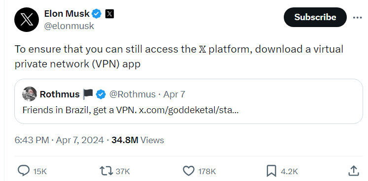 Print de publicação de Elon Musk no X recomendando o uso de VPN para acessar a plataforma no Brasil.