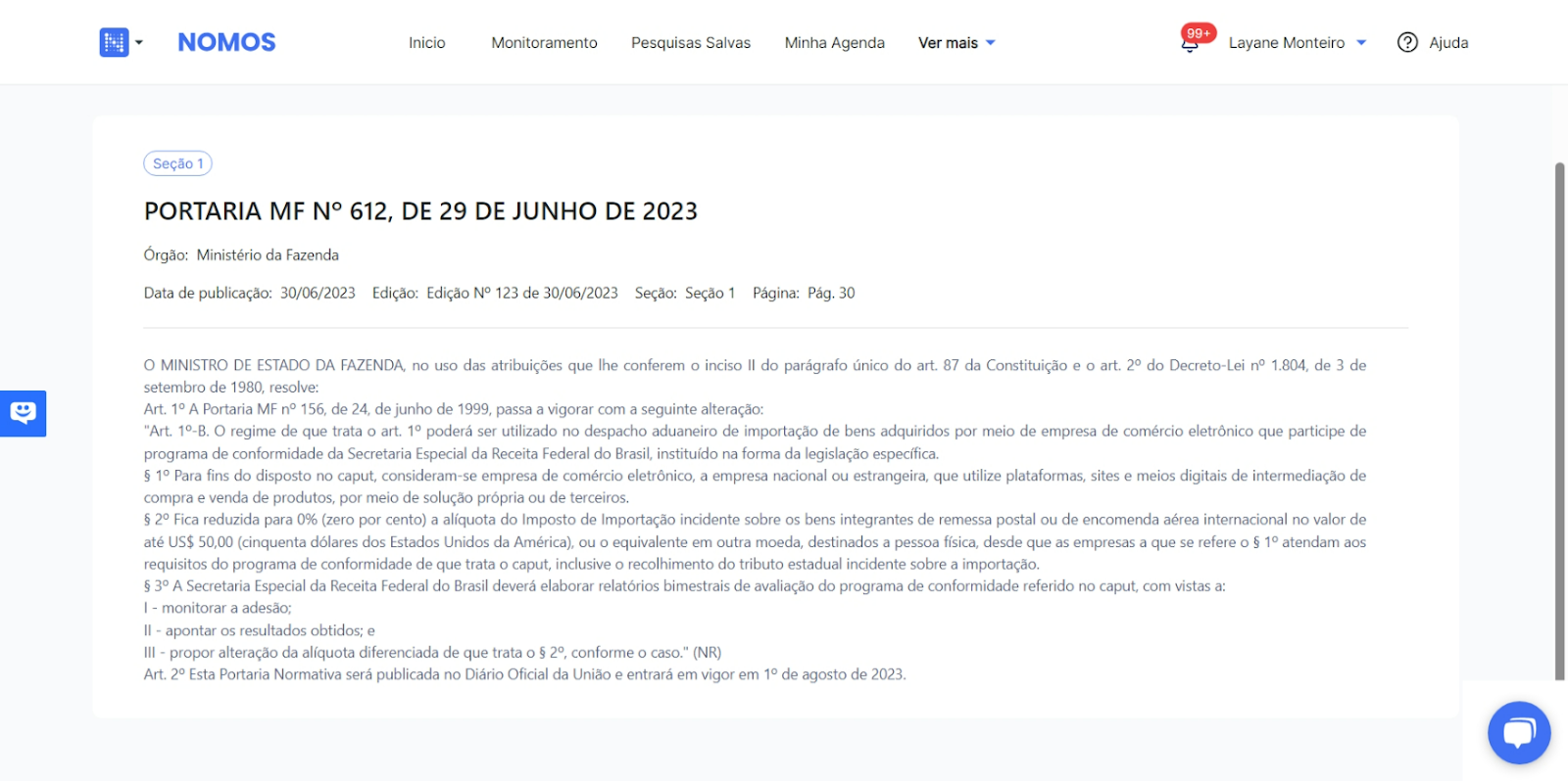 Tela do sistema Nomos com o texto da Portaria MF nº 612, de 29 de junho de 2023.