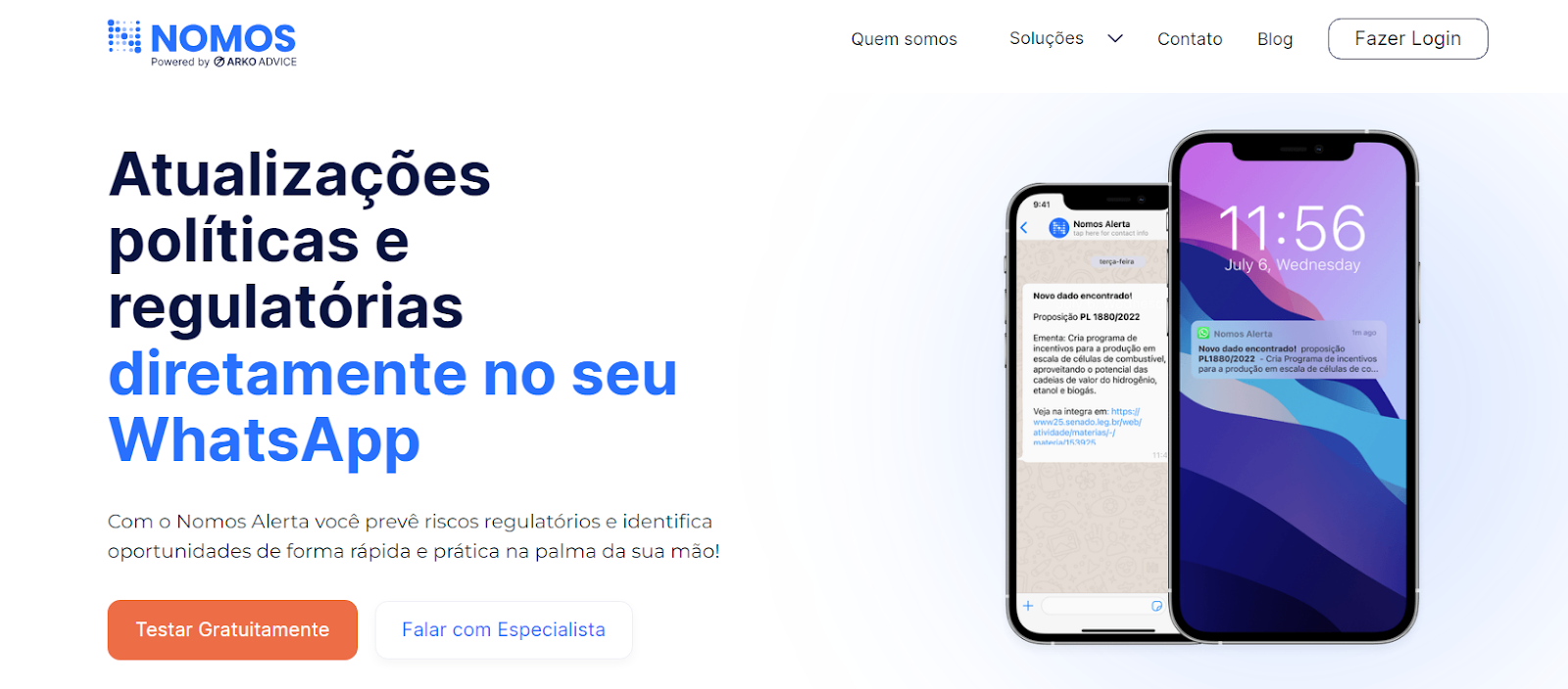 Página do Nomos Alerta com a chamada sobre atualizações políticas e regulatórias no WhatsApp e a simulação da notificação no celular.