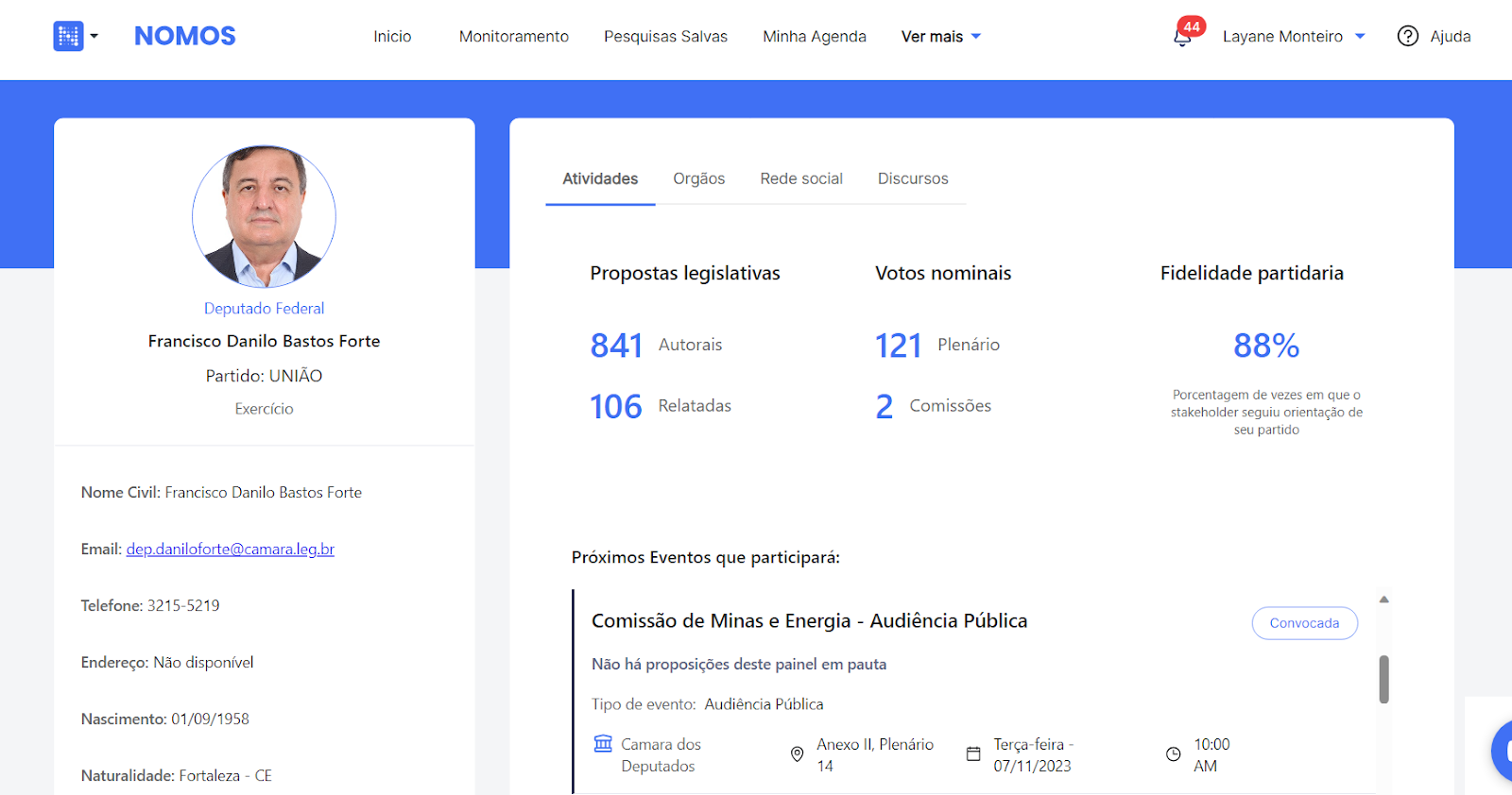 Perfil de um deputado federal na Nomos, com dados de contato, números de proposições e votos e a agenda de próximos eventos.