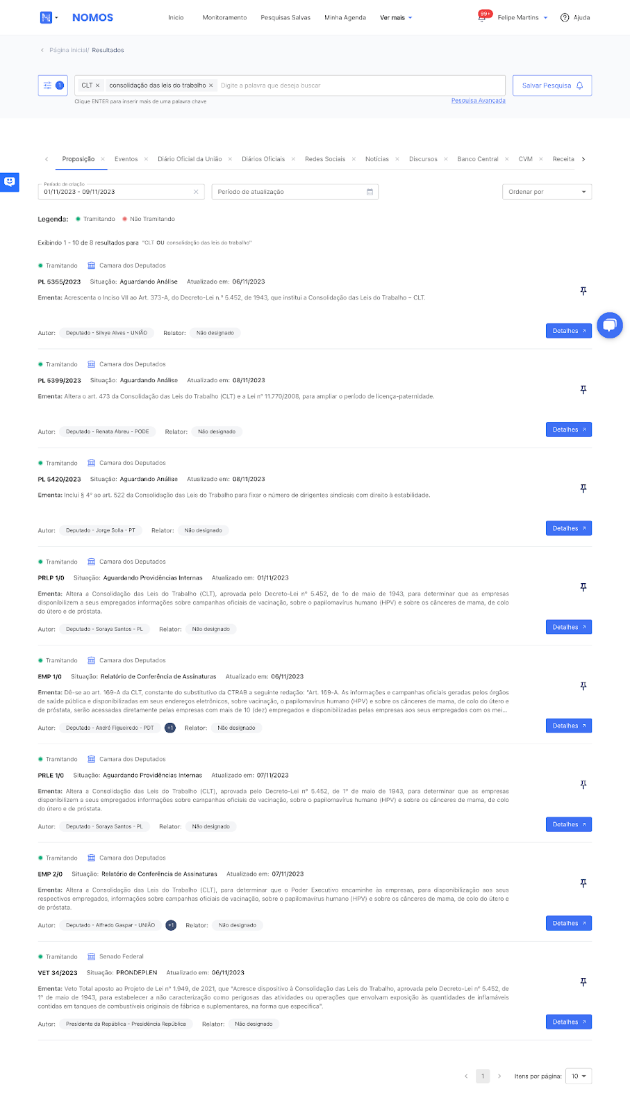 Lista de resultados de busca da Nomos sobre consolidação das leis do trabalho, com dezenas de proposições e seus filtros.