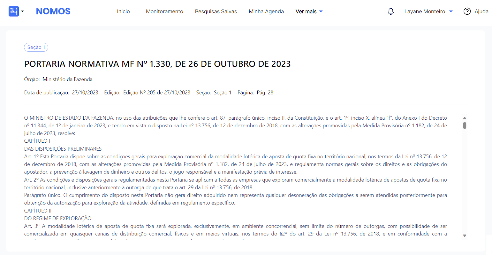 Tela do sistema Nomos com o texto da Portaria Normativa MF nº 1.330, de 26 de outubro de 2023, sobre apostas de quota fixa.