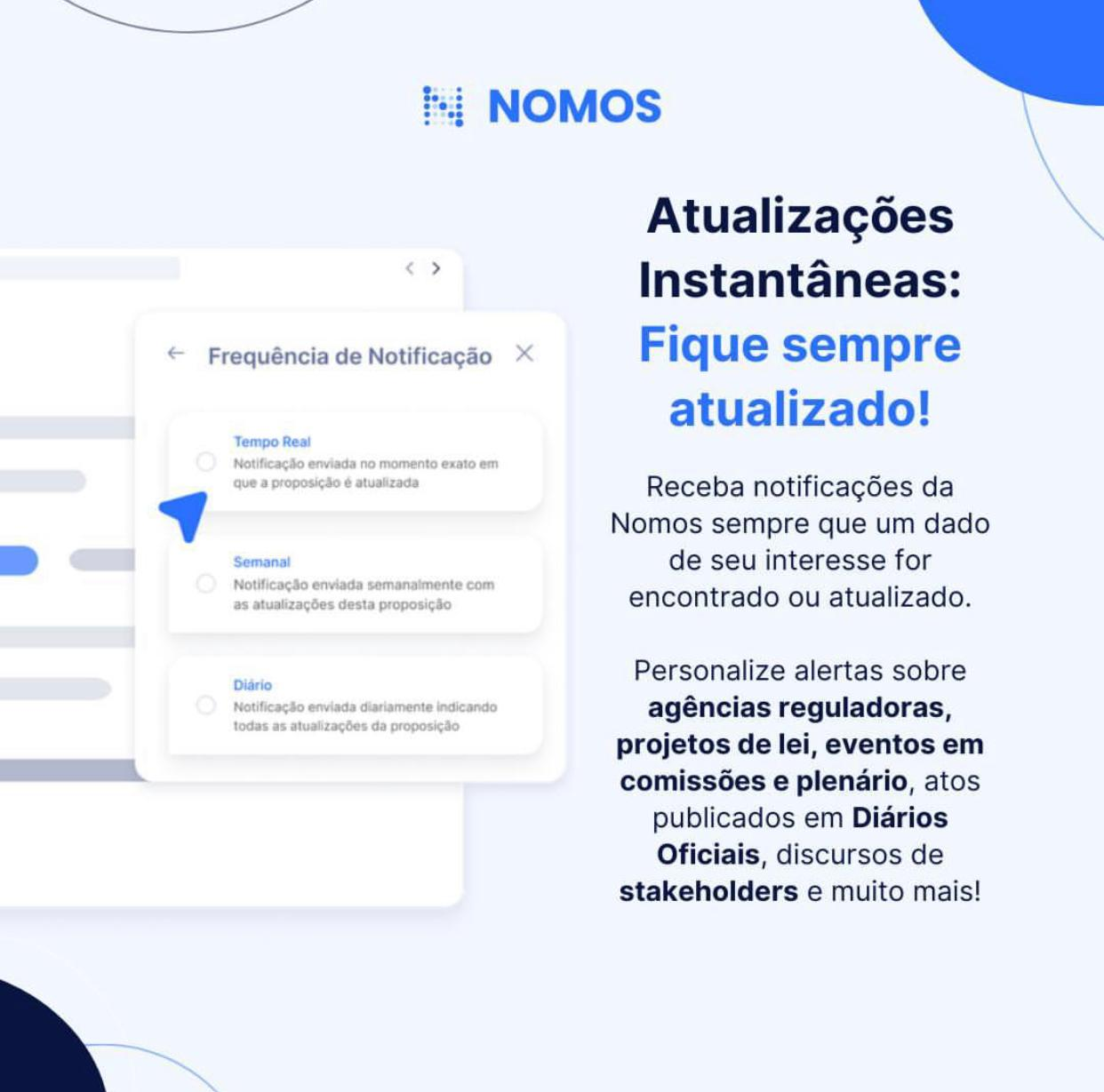 Peça da Nomos sobre atualizações instantâneas, com o painel de frequência de notificação da plataforma em destaque.
