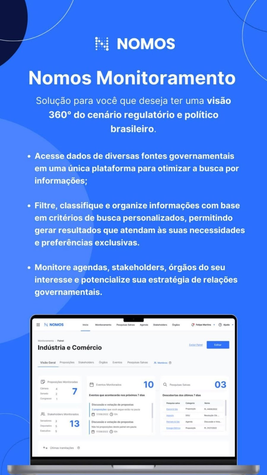 Peça de divulgação do Nomos Monitoramento, listando os recursos da solução sobre um print do painel de indústria e comércio.