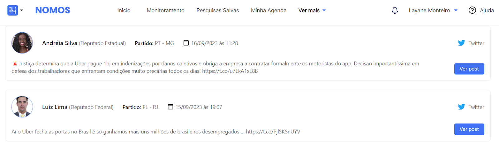 Tela da Nomos com publicações de parlamentares no Twitter sobre a regulamentação do trabalho dos motoristas de aplicativo.