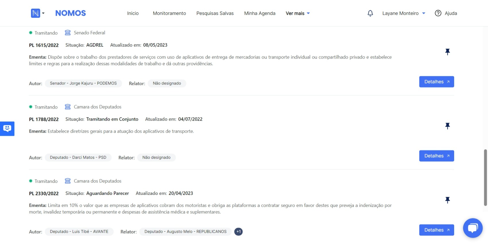 Lista de proposições sobre aplicativos de transporte e entrega monitoradas na Nomos, com ementa, autor e relator de cada uma.