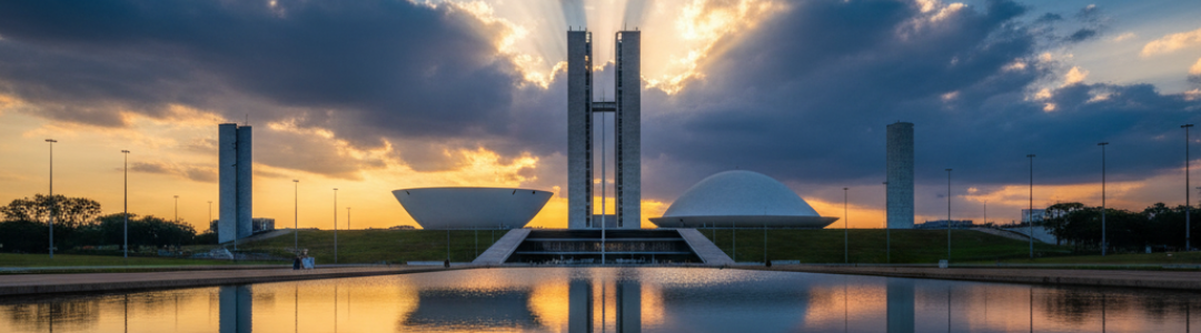 Congresso Nacional refletido no espelho d'água ao entardecer, visto de frente.